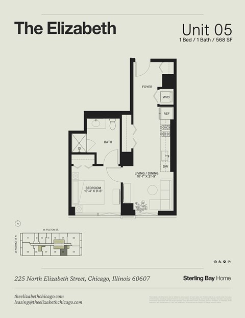 Floor plan for 1 bed, 1 bath, 568 sqft